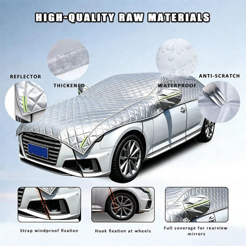 Full Send Hail Protector Car Cover For Tesla Cybertruck 2024 Through 2026 Heavy Duty Padded Waterproof Half Cover shown on car with reflective details.