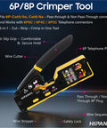 All In One Ethernet Crimp Tool Kit With Carrying Case Pass Through Crimper For Cutting Stripping And Crimping Cat5 Cat6 RJ45 RJ11 RJ12 Includes Cable Tester Wire Stripper Diagonal Pliers And 50 Cat6 Connectors Ideal For Home DIYers And IT Pros tool with black handle and wire cutter labels