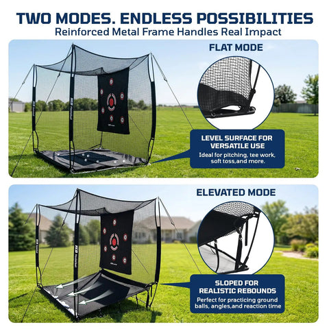 Heavy Duty Golf Hitting Net With 3 Sided Protection Cage, 10x8x6ft Reinforced Steel Frame And Target Cloth in flat and elevated modes