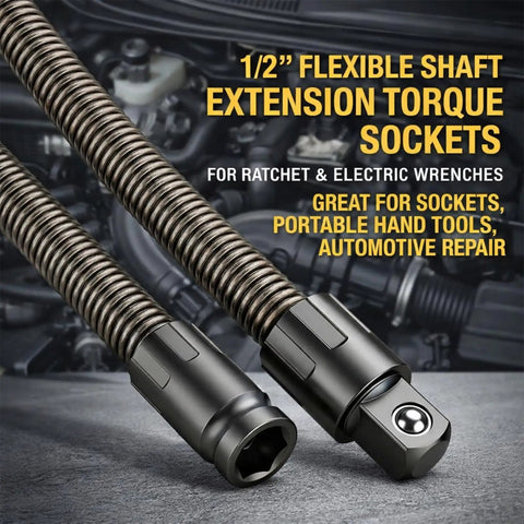 Half Inch Flexible Shaft Extension For Torque Socket And Ratchet Wrench, 45 Degree Bend Reach Bar For Tight Spots In The Engine, Portable Hand Drive Tool For Auto Repair, 350mm Length product image showing coiled shaft and connectors