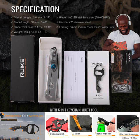 Hard Hitting Tactical Folding Pocket Knife For Men With 14C28N Stainless Steel Blade in packaging with tool set.