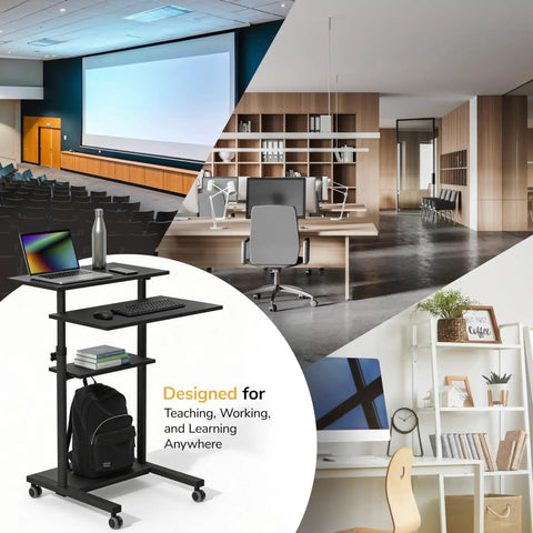 Black Rolling Standing Desk With Adjustable Height Up To 54.7 Inches in various office and classroom settings