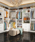Straight Up Modular Closet Organizer System In Crisp White Featuring Nine Hanging Rods Eight Shelves Three Deep Drawers And A Smart Corner Module showcasing organized clothing, accessories, and shoes.