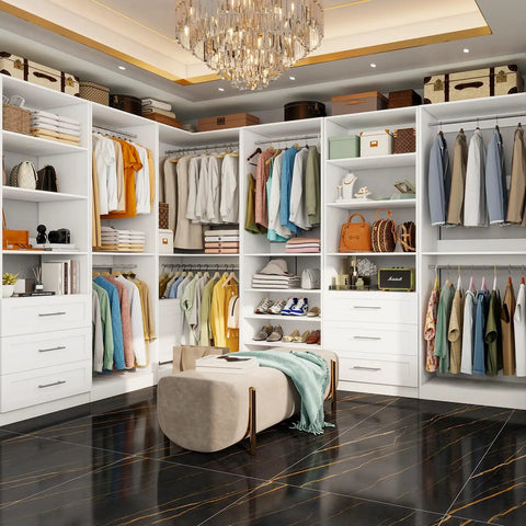 Straight Up Modular Closet Organizer System In Crisp White Featuring Nine Hanging Rods Eight Shelves Three Deep Drawers And A Smart Corner Module showcasing organized clothing, accessories, and shoes.