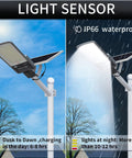 300W Solar Street Light With Remote, 6500K Daylight White, 24000 Lumens, IP66 waterproof showing light sensor feature