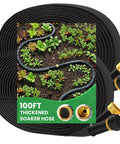 Heavy Duty Thickened Flat Soaker Hose 100Ft With Copper Joint set with garden drip kit displayed on lush veggie patch