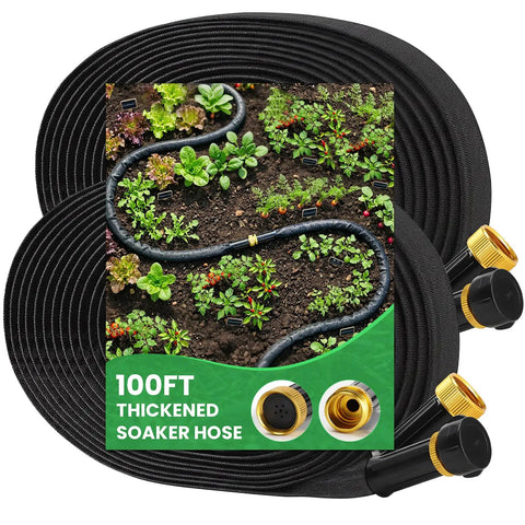 Heavy Duty Thickened Flat Soaker Hose 100Ft With Copper Joint set with garden drip kit displayed on lush veggie patch