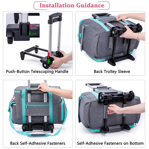 Installation guidance for rolling sewing machine case with wheels and detachable frame, showcasing telescoping handle and fasteners.