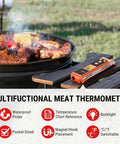 2 In 1 Infrared Thermometer With Meat Probe for grilling and cooking, shown near a BBQ grill with various meats.