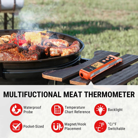 2 In 1 Infrared Thermometer With Meat Probe for grilling and cooking, shown near a BBQ grill with various meats.