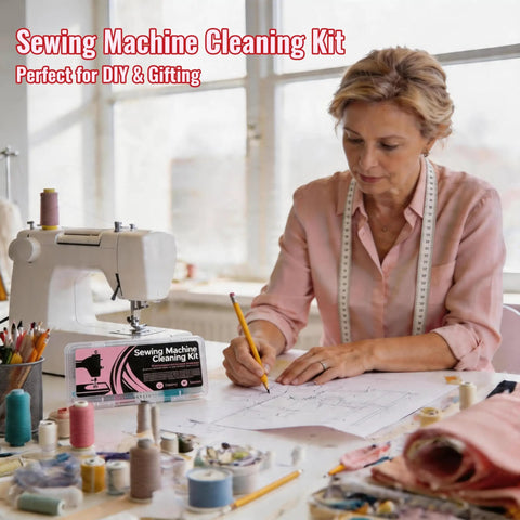Woman designing with a Go To 30 Piece Sewing Machine Cleaning Kit With Durable Storage Box Multi Brushes And Screwdriver nearby