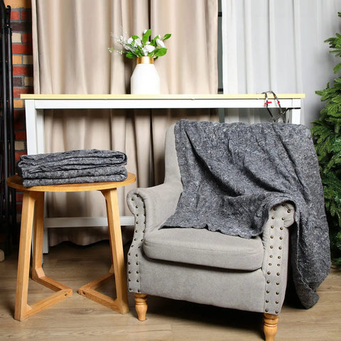 24 Piece Bulk Pro Grade Built Tough Moving Blankets 80 By 72 Inch Quilted Furniture Pads on chair and stool, gray tone