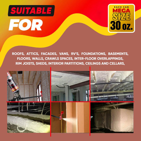 Image showing Mega Size Expanding Foam Insulation Sealant Spray for use in various areas like attics, roofs, and walls.