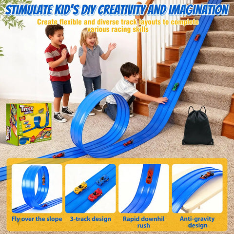 Kids playing with Epic 20 Ft Flexible Race Track Set For Kids With 3 Lane Ramp 6 Race Cars Suction Cups Rolls Up Portable DIY Anti Gravity Car Track Toy Blue Easy Storage And Travel Friendly Kid Tested Easy Setup For Busy Parents on stairs.