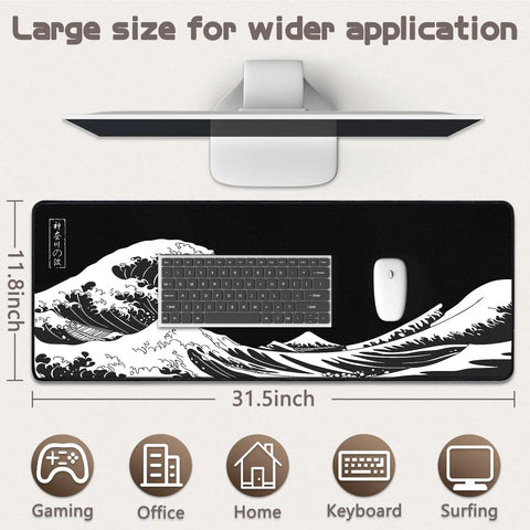 Gaming Mouse Pad Desk Mat For Keyboard And Mouse Large Kanagawa Wave Design With Non Slip Rubber Base Ultra Smooth Fabric Surface