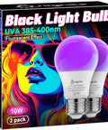 Ultra Bright LED Black Light Bulb 10W UVA 385 400nm A19 Base Lit Glow In The Dark Party Poster Fluorescent Body Paint Ready 2 Pack box