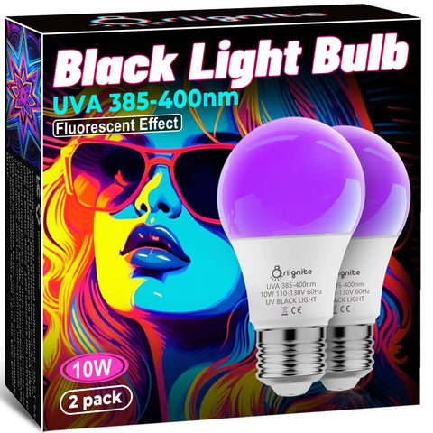 Ultra Bright LED Black Light Bulb 10W UVA 385 400nm A19 Base Lit Glow In The Dark Party Poster Fluorescent Body Paint Ready 2 Pack box