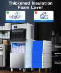 Commercial Ice Maker Machine 500 Lbs Per Day with 350 Lb Storage Bin, stainless steel body, showing insulation layers and ice storage.