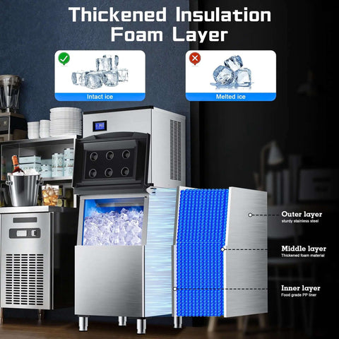 Commercial Ice Maker Machine 500 Lbs Per Day with 350 Lb Storage Bin, stainless steel body, showing insulation layers and ice storage.