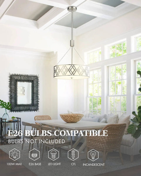 18 Inch Three Light Drum Chandelier Pendant Light With Adjustable Height In Brushed Nickel Finish, hanging in dining room