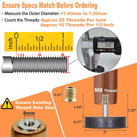 Diagram showing specs of Beefy M8 Rubber Adjustable Leveling Feet Heavy Duty 2 Inch Base Diameter Furniture Levelers