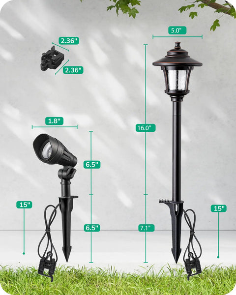 8 Pack Low Voltage Landscape Lights Kit With 6 Pathway Lights And 2 Spotlights, path light and spotlight dimensions, connectors