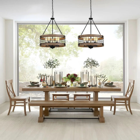 Dining room with Dope Rustic Farmhouse 19 Inch Chandelier With Wood And Black Metal Arms, warm lighting over table setting.