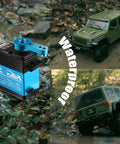 FEETECH FT6335M 35KG digital RC servo with blue aluminum horn and black housing beside an RC car