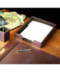 Brown Bonded Leather Desk Set With Blotter Pad And Desk Organizer For Premium Office Vibe, Boss Level Organization, Surface Protection, And Executive Decor featuring tray and cup on wooden desk
