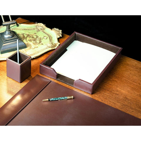 Brown Bonded Leather Desk Set With Blotter Pad And Desk Organizer For Premium Office Vibe, Boss Level Organization, Surface Protection, And Executive Decor featuring tray and cup on wooden desk