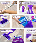 WetJet Hardwood And Floor Spray Mop Cleaner Starter Kit assembly guide with 10 pads, cleaning solution, and batteries shown.