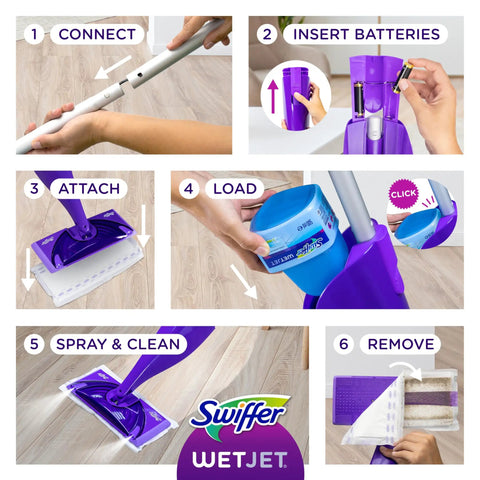 WetJet Hardwood And Floor Spray Mop Cleaner Starter Kit assembly guide with 10 pads, cleaning solution, and batteries shown.