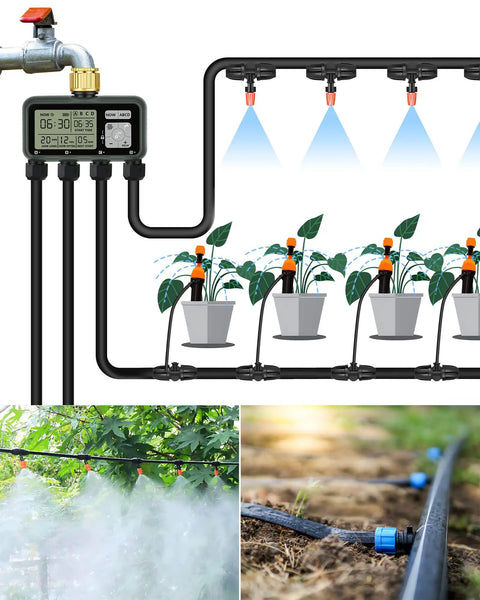 4 Zone Brass Sprinkler Timer With Rain Delay And Manual Mode Set It And Forget It Programmable Faucet Controller Four Independent Outlets For Yard Lawn And Garden Child Lock connected to garden irrigation system