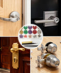 Universal Rekeying Kit For Schlage Locks All In One Pinning Kit displayed with various door knob styles and pin colors.