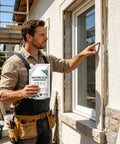 Man applying Premium Concrete Crack Filler Seals Deep Gaps With A Slick Waterproof Self Leveling Formula near a window.