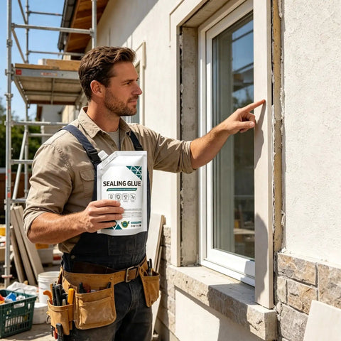 Man applying Premium Concrete Crack Filler Seals Deep Gaps With A Slick Waterproof Self Leveling Formula near a window.