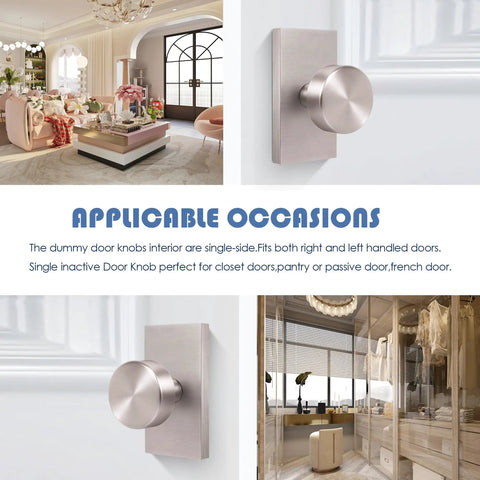 Heavy Duty Zinc Alloy Dummy Door Knobs With Brushed Nickel Finish displayed in interior settings for use on closet and pantry doors.