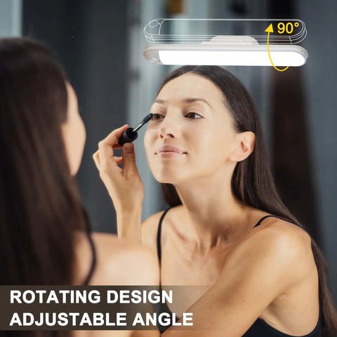 Woman using Rechargeable Touch Light Bar With Remote Dimmable LED Mirror Lights for Makeup, wall-mounted, showing adjustable angle