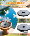2.8W Solar Fountain Pump For Bird Bath And Outdoor Garden with 7 Nozzles and 3 Mounting Brackets in use, floating in water feature