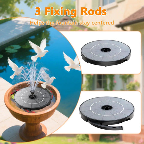 2.8W Solar Fountain Pump For Bird Bath And Outdoor Garden with 7 Nozzles and 3 Mounting Brackets in use, floating in water feature