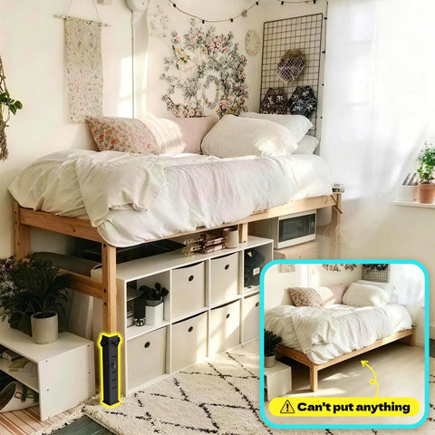 Adjustable Dorm Bed Risers Heavy Duty Steel Frame Built Different For Superb Stability under twin bed with storage support.