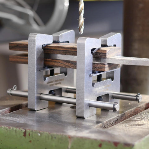 Stainless Steel Knife Handle Drill Clamps Pro Grade Precision Tool Set With Guide Rails For Accurate Pin Hole Drilling And Secure Alignment, Includes Clamps, Adjustable Screws, Rails And Allen Key. Stainless steel knife handle drill clamps securing wood handle for pinhole drilling.