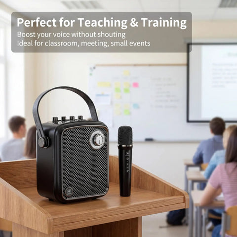 70W Portable PA Voice Amplifier For Classrooms, Public Speaking, And Karaoke With Wireless UHF Handheld Mic on podium in classroom