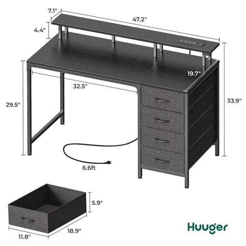 47 Inch Computer Desk With Built In Power Outlets And LED Lights, Game Ready Desk With Four Drawers And Monitor Stand, Perfect For Small Space Home Office, Black