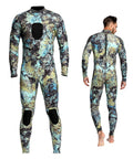 Dope 3mm Camo Neoprene Wetsuit For Men And Women Unisex OnePiece Dive Skin front and back view, camo design, back zipper, crewneck.