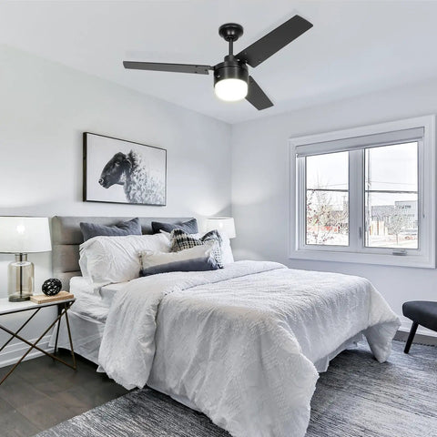 42 Inch Ceiling Fan With Lights, Remote Control, Quiet Reversible Motor, Black Finish, in a modern bedroom setting, low profile.