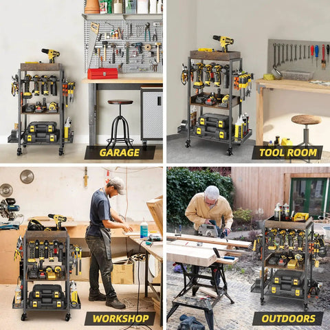 Power Tool Organizer Rolling Cart For Garage Storage And Workshop Organization Tool Rack And Drill Holder in various settings