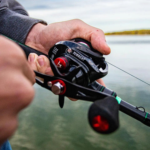 Right-handed angler using Budget Friendly Baitcasting Reel With 18 Lb Carbon Fiber Drag And A Slick 7.1 To 1 Gear Ratio