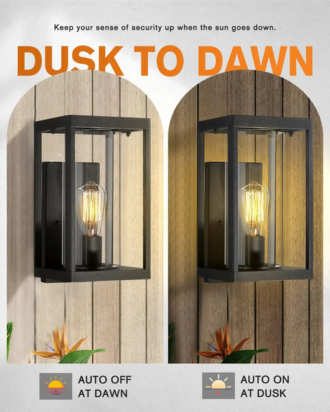 Dusk To Dawn Outdoor Wall Light 2 Pack Slick Modern Exterior Sconce Porch Lantern Black Cast Aluminum With Clear Cylinder Glass Photocell Sensor