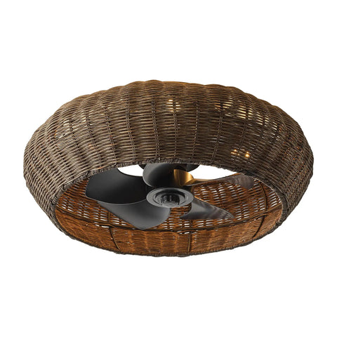 20" Boho Ceiling Fan with Light, Rattan Caged Ceiling Fan with Remote, overhead view showcasing woven rattan design.